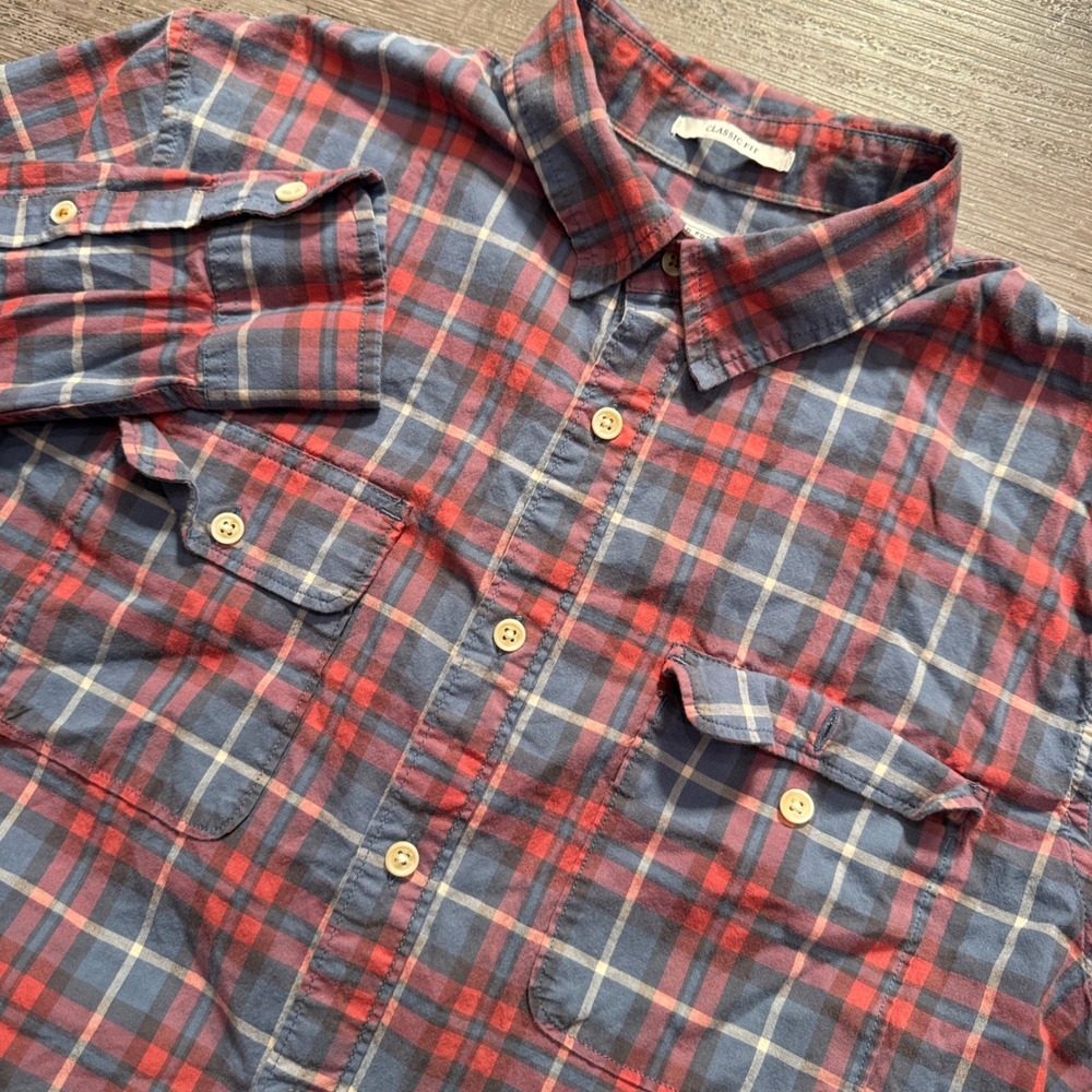 Lucky Brand Shirt Mens M Red Blue Plaid Cotton Stretch Saturday Classic Workwear